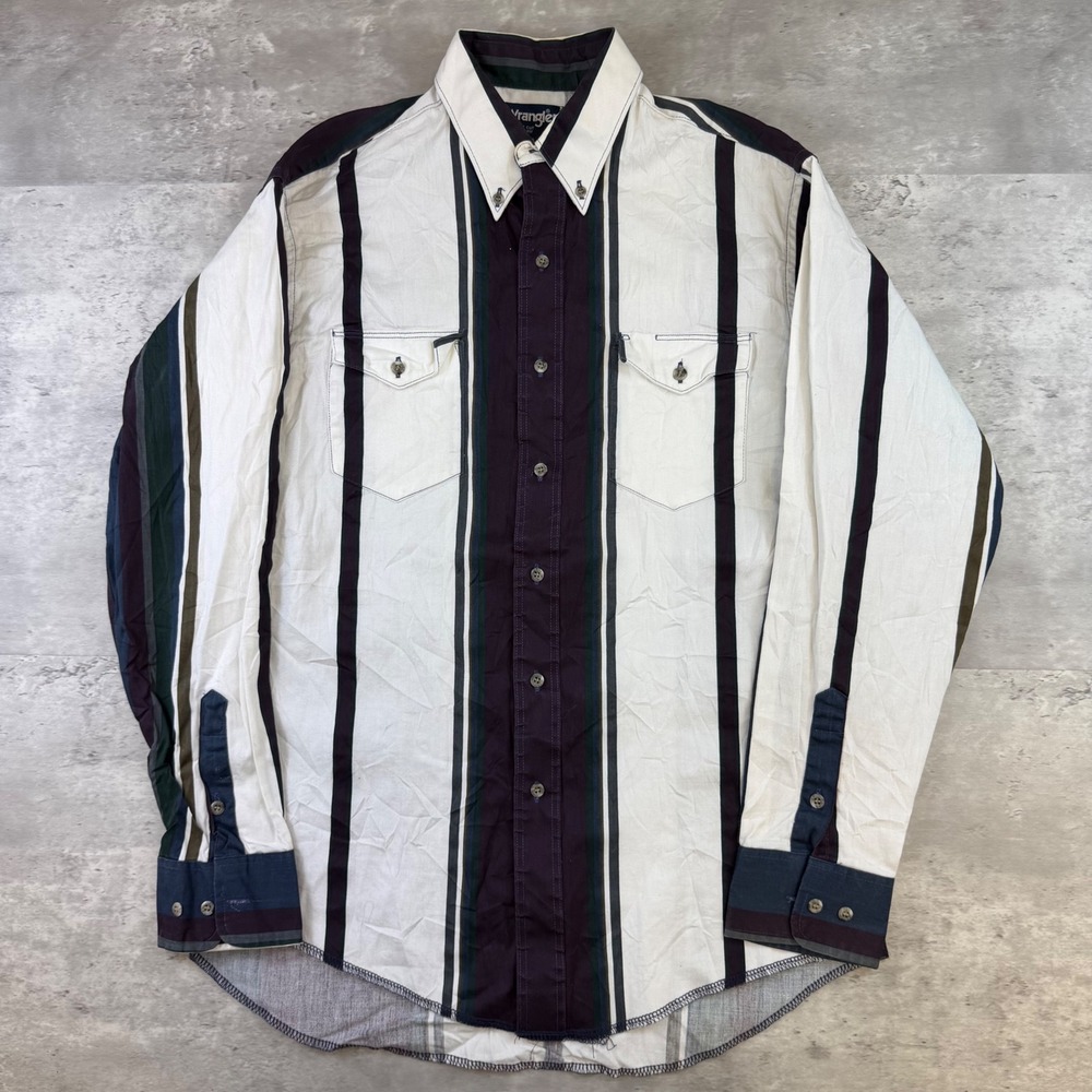Wrangler Cowboy Cut Western Shirt Mens 16-34 Striped Cotton Long Tail White Navy